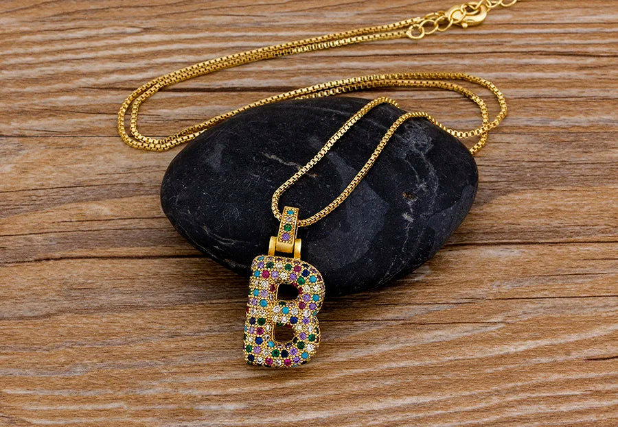 Nidin Fashion Luxury 26 Letters Copper Zircon Pendant Necklace for Women Rainbow Initials Name Necklace Wedding Party Jewelry