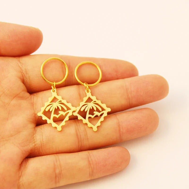 New Zealand Kiribati Hawaii Coconut Tree Shape Earrings for Women Girls Gold Color Stainless Steel Jewelry Gift