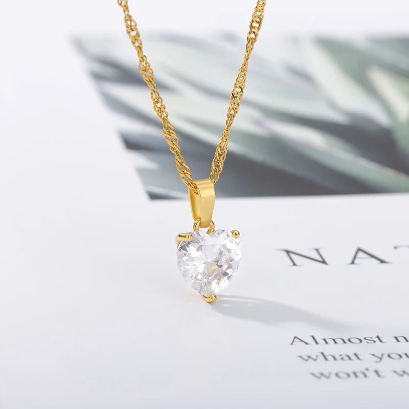Heart Necklaces For Women Stainless Steel Gold Plated Chain Zircon Heart Pendant Choker Necklace Wedding Boho Jewelry Gift Femme