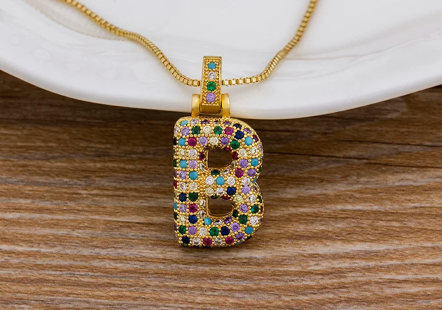 Nidin Fashion Luxury 26 Letters Copper Zircon Pendant Necklace for Women Rainbow Initials Name Necklace Wedding Party Jewelry