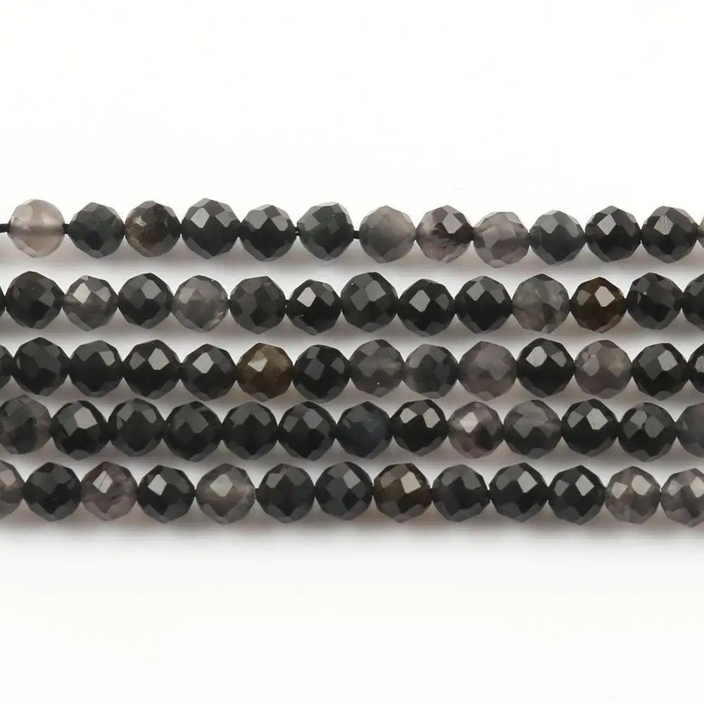 Natural Black Obsidian Stone 2/3/4mm Faceted Loose Round Mineral Beads for Jewelry Making DIY Christmas Gift Bracelets 15inch