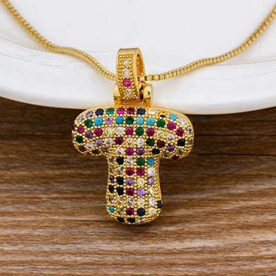 Nidin Fashion Luxury 26 Letters Copper Zircon Pendant Necklace for Women Rainbow Initials Name Necklace Wedding Party Jewelry