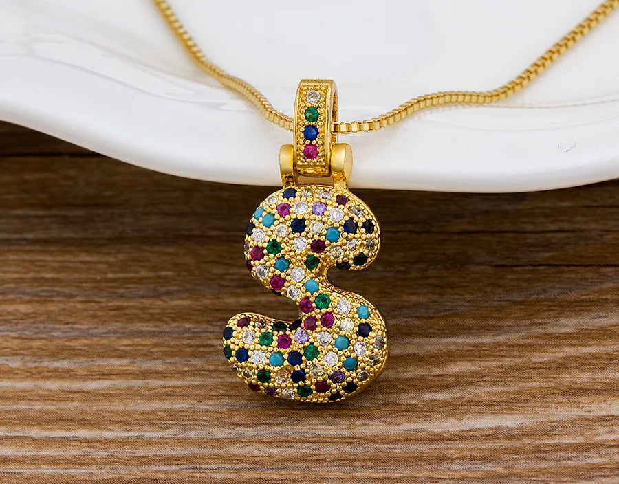 Nidin Fashion Luxury 26 Letters Copper Zircon Pendant Necklace for Women Rainbow Initials Name Necklace Wedding Party Jewelry