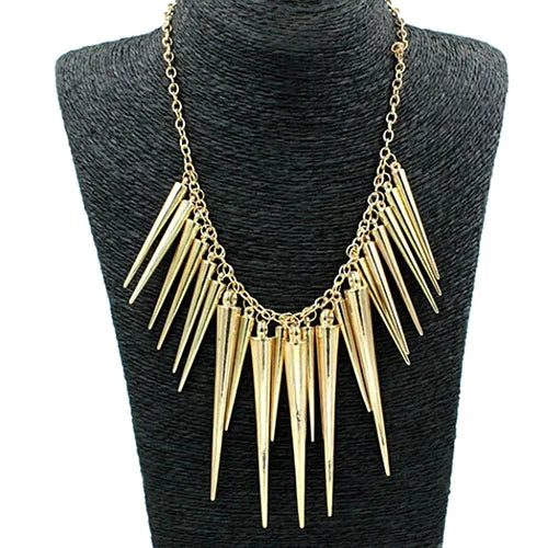 Women's Multilayer Spike Rivet Tassels Chain Bib Statement Necklace Punk