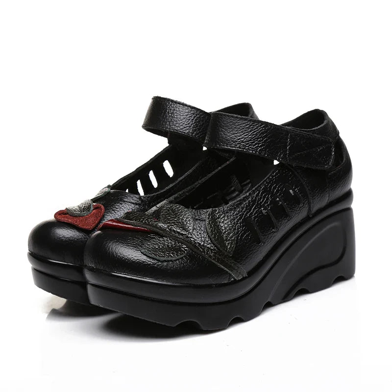 Handmade 2026 Spring Autumn Ethnic Comfortable Women Wedges Genuine Leather Women's Shoes round toe Platform high heels pumps