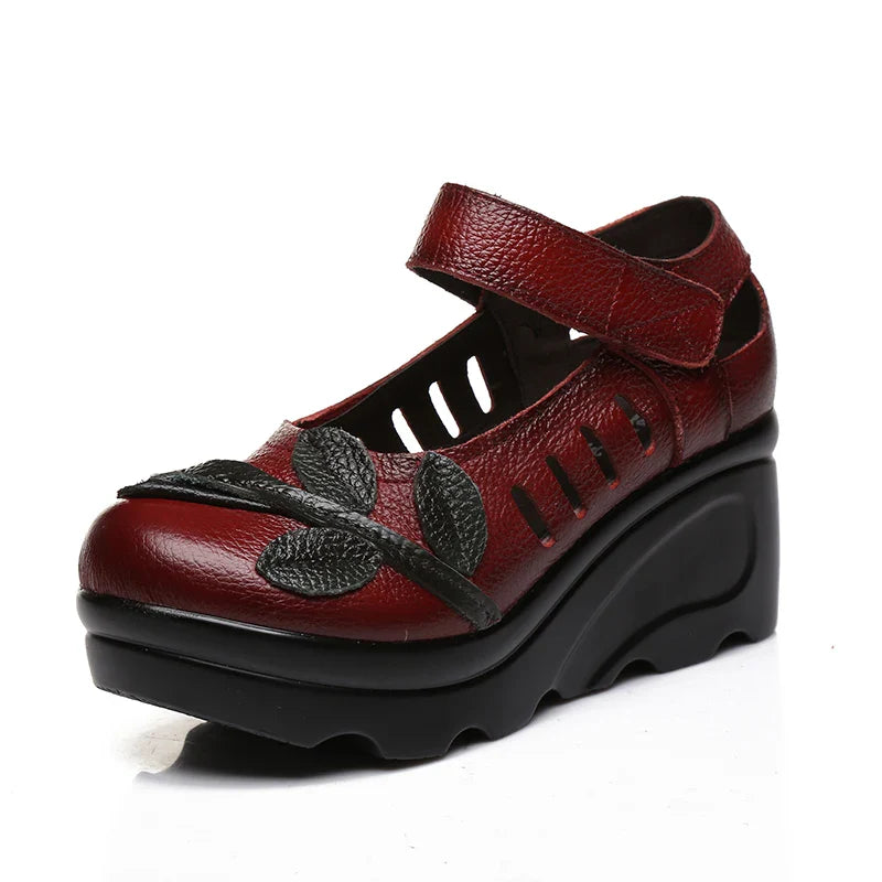 Handmade 2026 Spring Autumn Ethnic Comfortable Women Wedges Genuine Leather Women's Shoes round toe Platform high heels pumps