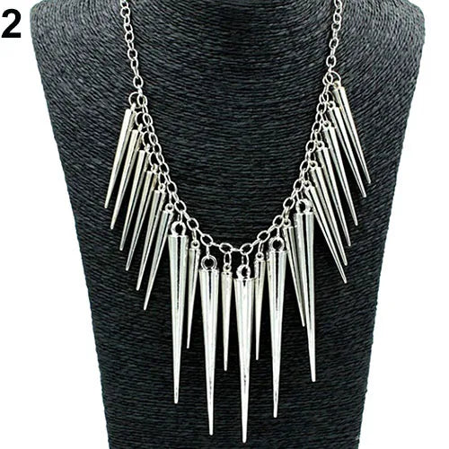 Women's Multilayer Spike Rivet Tassels Chain Bib Statement Necklace Punk