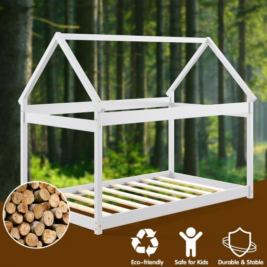 Stable Kids Platform Floor Bed with Roof and Heavy-Duty Slats-Gray