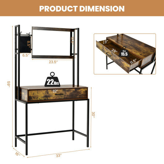 Industrial Vanity Table with 3-Height Adjustable Mirror Bag-Brown - Color: Brown