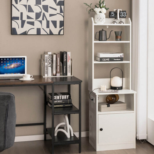 6-Tier Bookshelf Nightstand with Charging Station and Cabinet-Rustic Brown