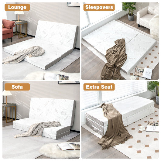 4 Inch Tri-fold Cooling Gel Memory Foam Mattress-Full Size - Color: White - Size: Full Size