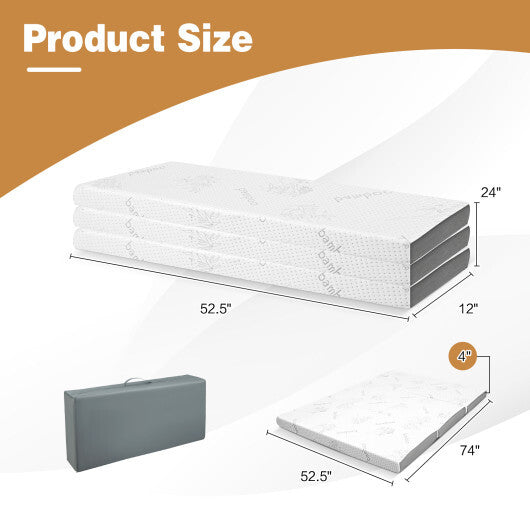 4 Inch Tri-fold Cooling Gel Memory Foam Mattress-Full Size - Color: White - Size: Full Size