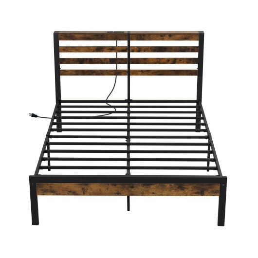 Full/Queen Size Bed Frame with Charging Station and Storage Headboard-Queen Size