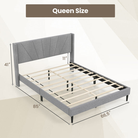 Twin/Queen Bed Frame with Linen Upholstered Wingback Headboard-Twin Size