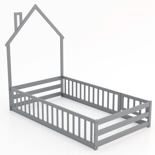 Twin Size Montessori Floor Bed with Lockable Door and Full-Length Guardrail-Gray