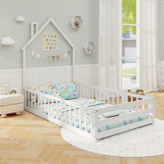 Twin Size Montessori Floor Bed with Lockable Door and Full-Length Guardrail-Gray