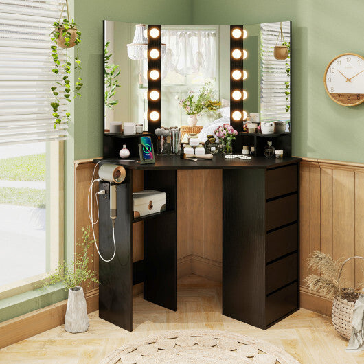 Corner Vanity Desk with 3-Color LED Lighted Mirror and Power Outlet-White