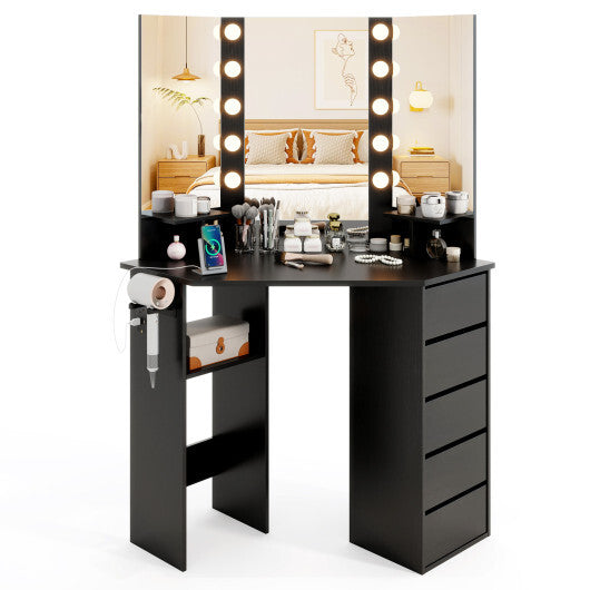 Corner Vanity Desk with 3-Color LED Lighted Mirror and Power Outlet-White
