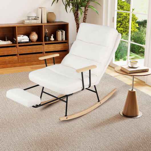 Nursery Rocking Chair Teddy Velvet Upholstered Rocking Chair-White