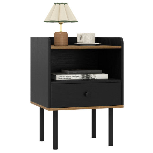 Nightstand with Drawer 3-Tier Sofa Side Table with Open Storage Shelf-Black