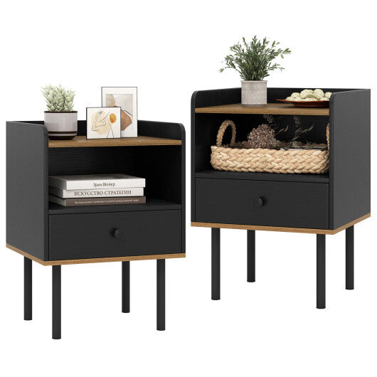 Nightstand with Drawer 3-Tier Sofa Side Table with Open Storage Shelf Set of 2-Black