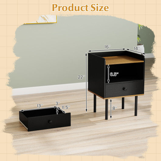 Nightstand with Drawer 3-Tier Sofa Side Table with Open Storage Shelf Set of 2-Black