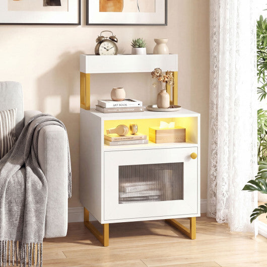 Nightstand with LED Lights Modern End Table with Top Tray Open Compartment and Storage Cabinet-Gray