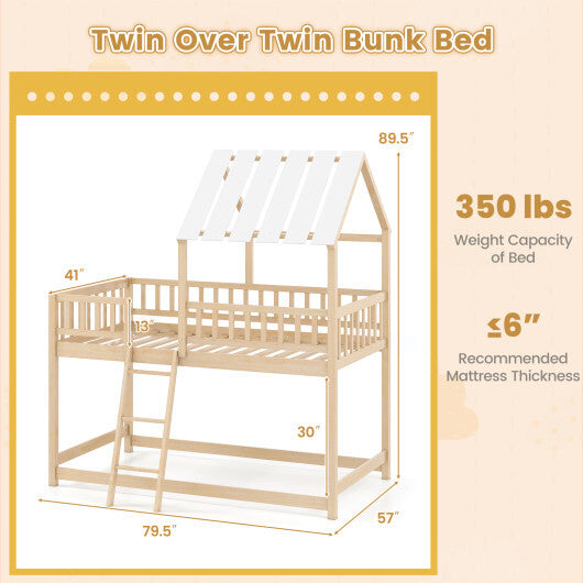 Twin Over Twin House Bunk Bed with Roof and Full-length Guardrails for Kids Teens Boys Girls-White