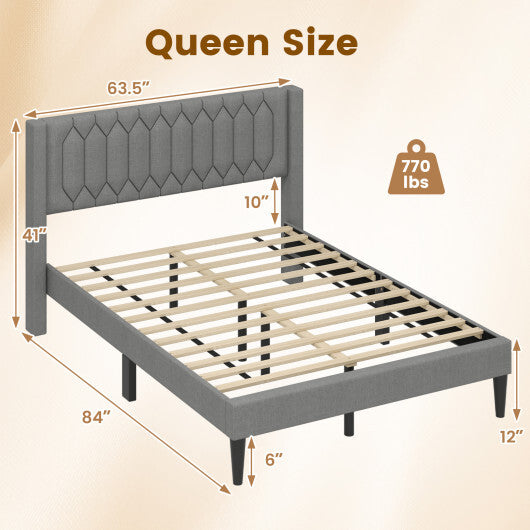 Queen Size Dutch Velvet/Linen Fabric Upholstered Platform Bed with Wingback Headboard and Wooden Slat Support-Gray?