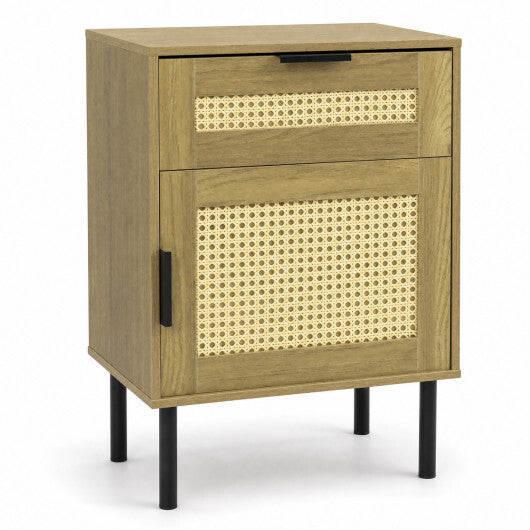 Rattan Nightstand with Drawer and Storage Cabinet for Bedroom Dorm-Natrual