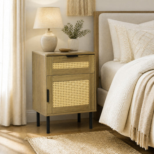 Rattan Nightstand with Drawer and Storage Cabinet for Bedroom Dorm-Natrual