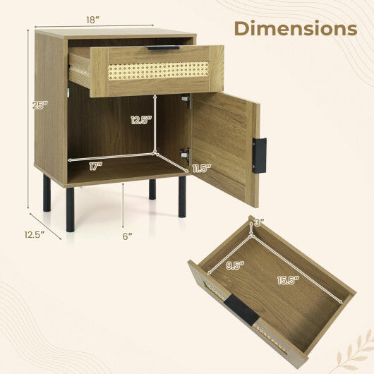 Rattan Nightstand with Drawer and Storage Cabinet for Bedroom Dorm-Natrual
