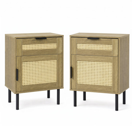 Set of 2 Rattan Nightstand with Drawer and Storage Cabinet for Bedroom Dorm-Natrual