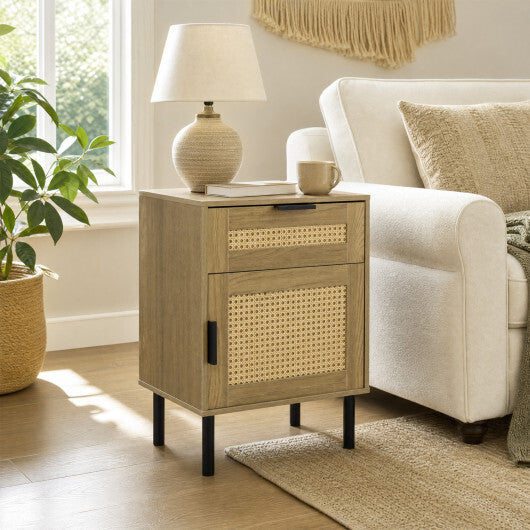 Set of 2 Rattan Nightstand with Drawer and Storage Cabinet for Bedroom Dorm-Natrual