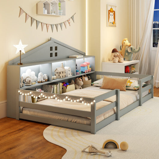 Twin Size Montessori Floor Bed with Storage Compartments and Shelf-White