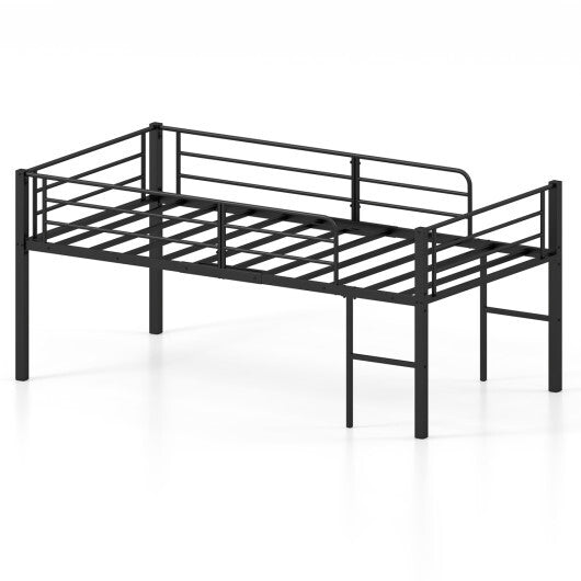 Twin Size Low Loft Bed with Safety Guardrails and 2 Ladders-White