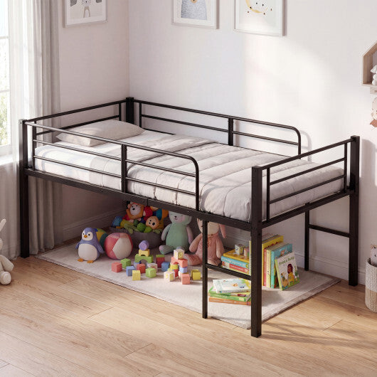 Twin Size Low Loft Bed with Safety Guardrails and 2 Ladders-White