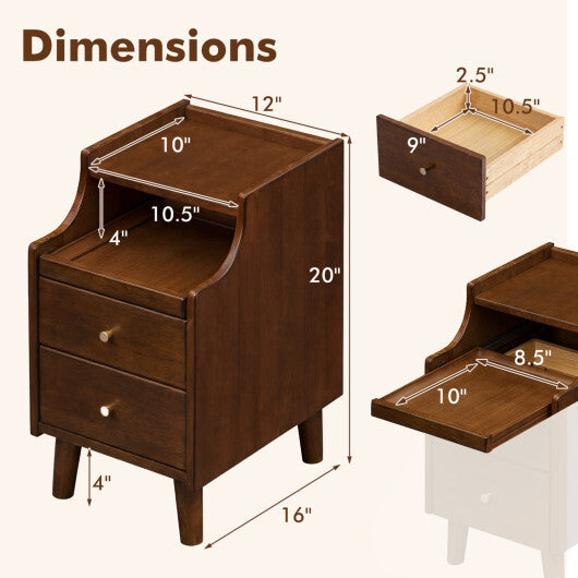 Wood Nightstand with Drawers and Solid Wood Legs for Bedroom-Brown