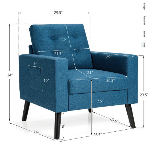 Mid-Century Upholstered Armchair Club Chair with Rubber Wood Legs-Blue - Color: Blue