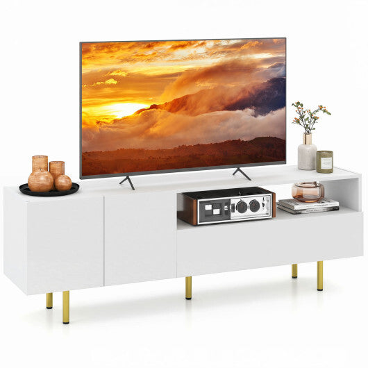 TV Stand for TVs up to 70" with Storage Cabinet and Raised Metal Legs-White