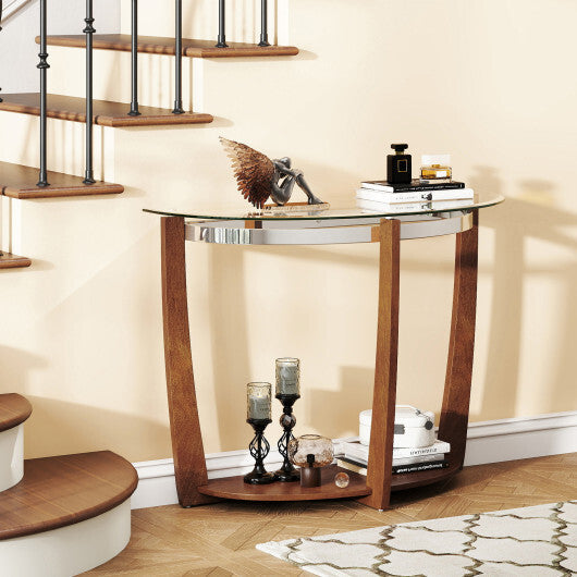 2-tier Tempered Glass Console Table with Clear Glass Top and Open Shelf-Black