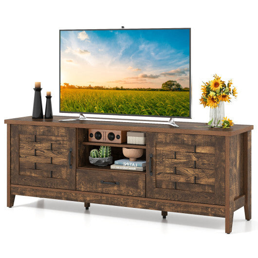 Farmhouse TV Stand for 65 Inch TVs with 2 Woven Accent Doors and 3 Adjustable Shelves-Rustic Brown