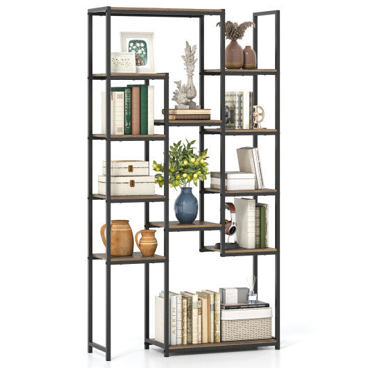 71 Inch Tall Vintage Geometric  Bookshelf 12 Open Shelves-Walnut