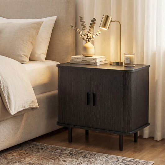 End Table Modern Mid Century Nightstand with Sliding Tambour Doors and Storage Shelf-Natural