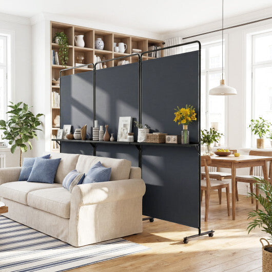 3-Panel Room Divider with Shelves 6 FT Tall Folding Privacy Screen with Lockable Wheels-White