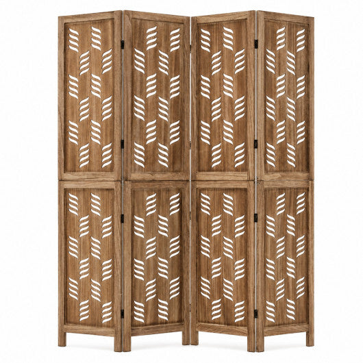 5.5 FT Tall Room Divider 4 Panels with Wave Cutout & Paulownia Frame for Room-Brown