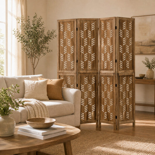 5.5 FT Tall Room Divider 4 Panels with Wave Cutout & Paulownia Frame for Room-Brown