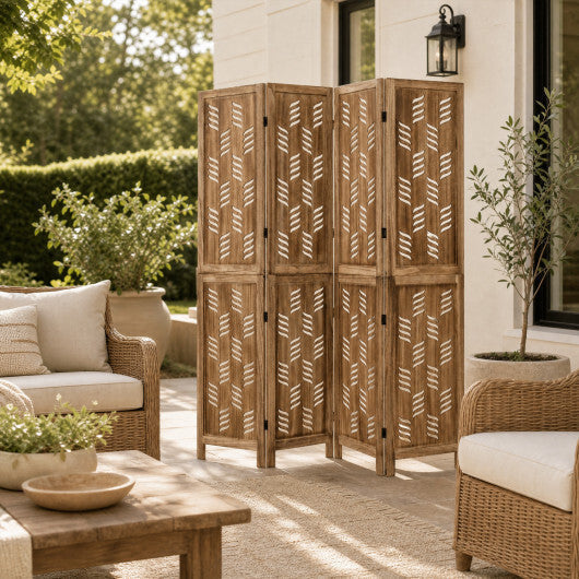 5.5 FT Tall Room Divider 4 Panels with Wave Cutout & Paulownia Frame for Room-Brown