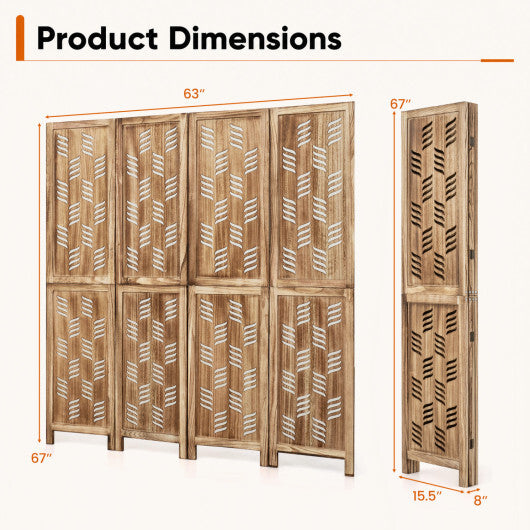5.5 FT Tall Room Divider 4 Panels with Wave Cutout & Paulownia Frame for Room-Brown