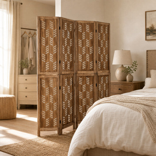 5.5 FT Tall Room Divider 4 Panels with Wave Cutout & Paulownia Frame for Room-Brown